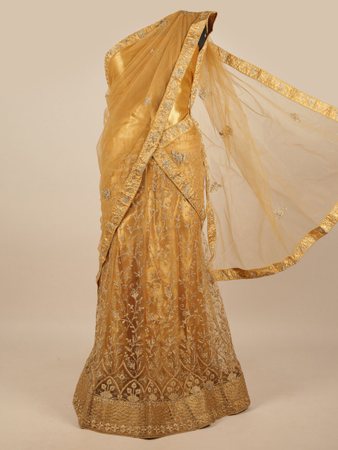 

Pothys Gold-Toned Embroidered Zardozi Unstitched Lehenga & Blouse With Dupatta