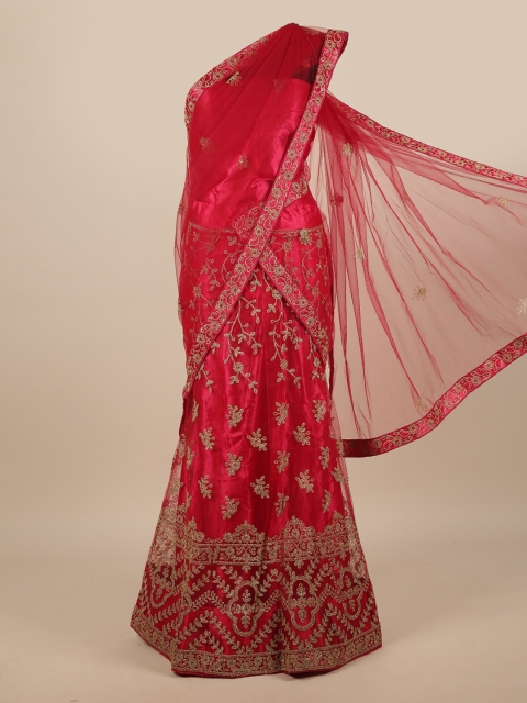 

Pothys Pink & Gold-Toned Embroidered Unstitched Lehenga & Blouse With Dupatta