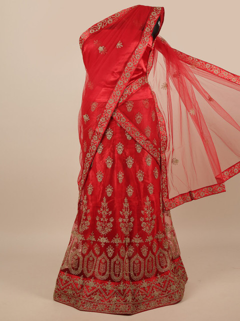 

Pothys Red & Gold-Toned Embroidered Unstitched Lehenga & Blouse With Dupatta