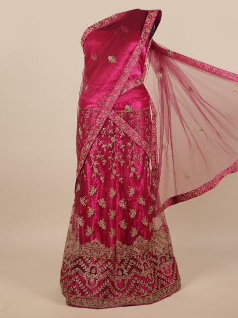 

Pothys Magenta & Gold-Toned Embroidered Unstitched Lehenga & Blouse With Dupatta