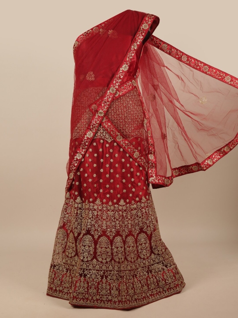 

Pothys Maroon & Gold-Toned Embroidered Unstitched Lehenga & Blouse With Dupatta
