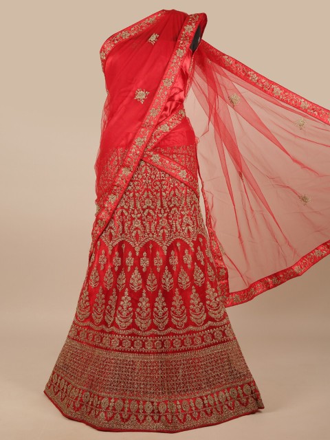 

Pothys Red & Gold-Toned Embroidered Unstitched Lehenga & Blouse With Dupatta