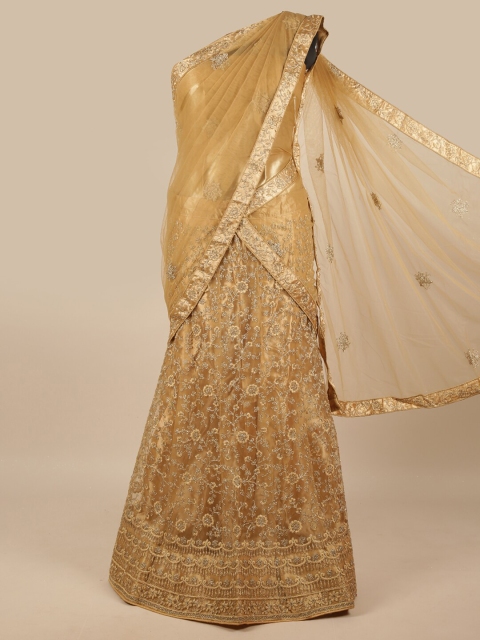 

Pothys Gold-Coloured Embroidered Unstitched Lehenga & Blouse With Dupatta