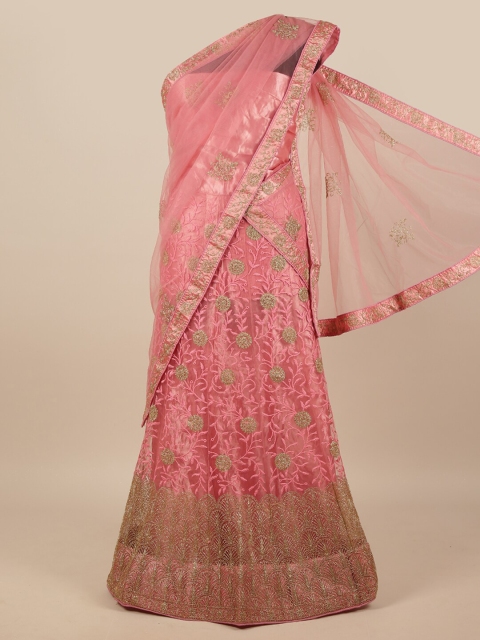 

Pothys Woman Pink & Gold-Toned Embroidered Unstitched Lehenga & Blouse With Dupatta