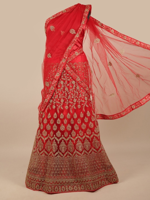 

Pothys Red & Gold-Toned Embellished Unstitched Lehenga & Blouse With Dupatta