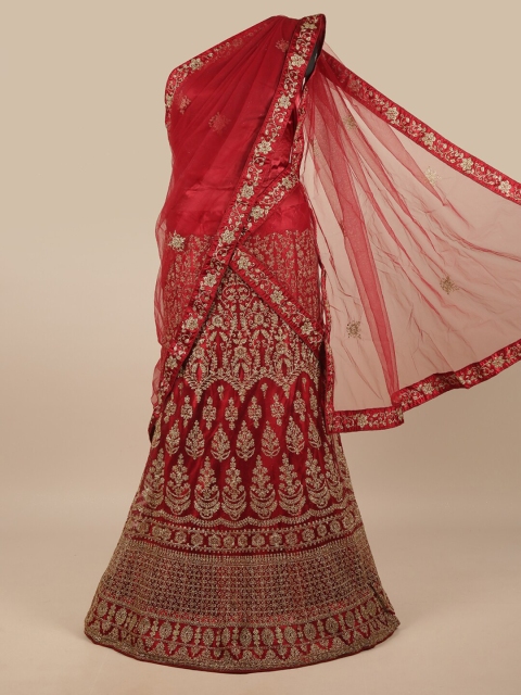 

Pothys Maroon & Gold-Toned Embroidered Unstitched Lehenga & Blouse With Dupatta