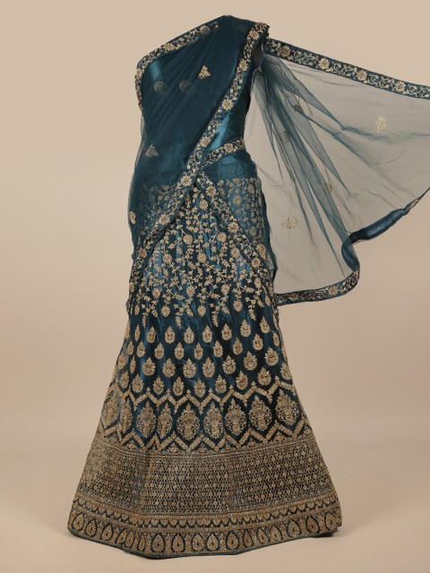 

Pothys Turquoise Blue & Gold-Toned Embroidered Unstitched Lehenga & Blouse With Dupatta