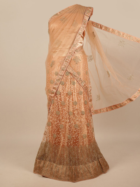 

Pothys Peach-Coloured & Gold Embroidered Zardozi Unstitched Lehenga & Blouse With Dupatta