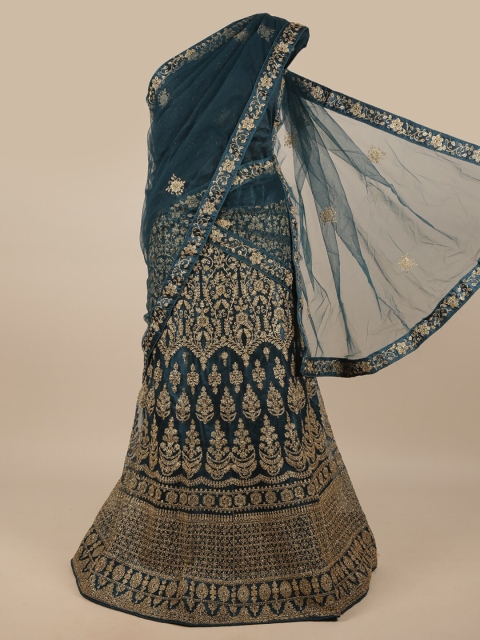 

Pothys Blue & Gold-Toned Embroidered Unstitched Lehenga & Blouse With Dupatta