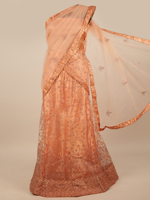 

Pothys Peach-Coloured Embroidered Unstitched Lehenga & Blouse With Dupatta