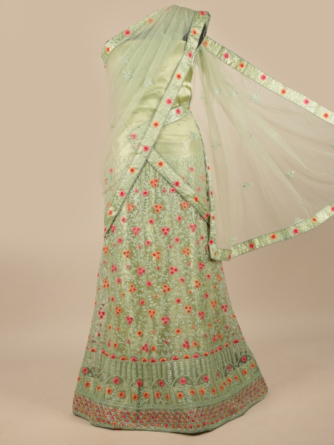

Pothys Green & Red Embroidered Unstitched Lehenga & Blouse With Dupatta