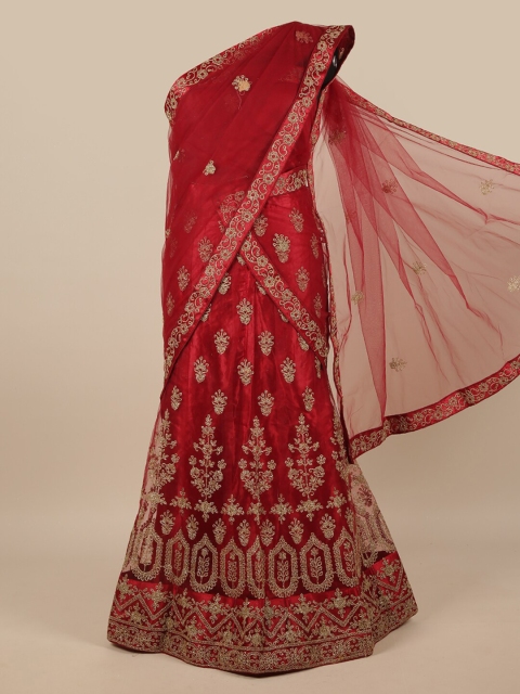 

Pothys Red & Gold-Toned Embroidered Unstitched Lehenga & Blouse With Dupatta