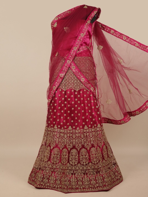 

Pothys Magenta & Gold-Toned Embroidered Unstitched Lehenga & Blouse With Dupatta