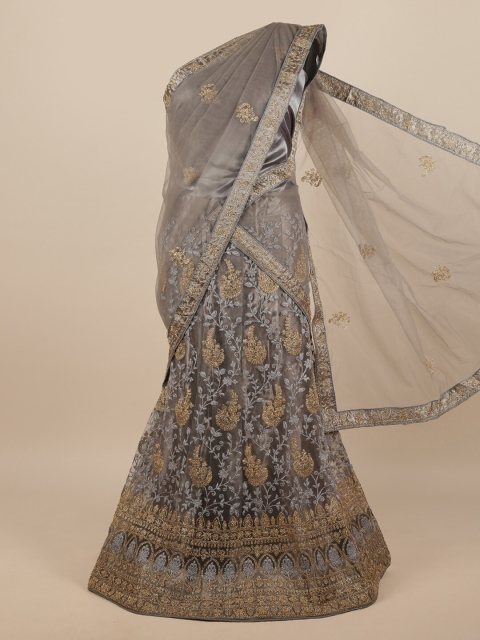 

Pothys Grey & Gold-Toned Embroidered Unstitched Lehenga & Blouse With Dupatta