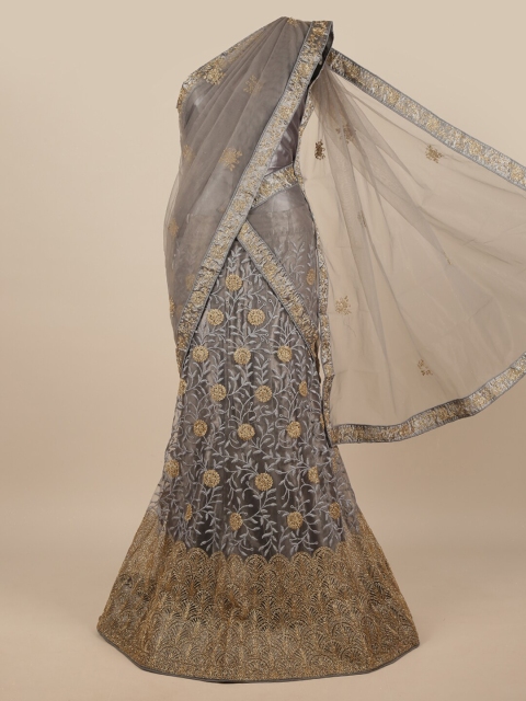 

Pothys Grey & Gold-Toned Embroidered Unstitched Lehenga & Blouse With Dupatta