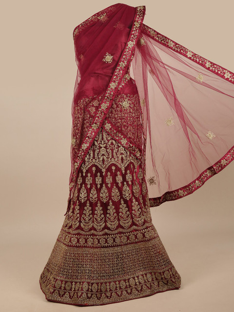

Pothys Magenta & Gold-Toned Embroidered Unstitched Lehenga & Blouse With Dupatta