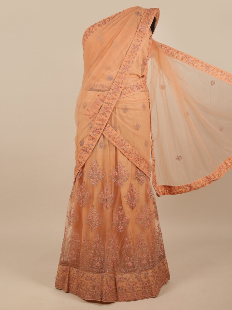 

Pothys Peach-Coloured Embellished Unstitched Lehenga & Blouse With Dupatta