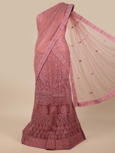 

Pothys Pink & Silver-Toned Embroidered Unstitched Lehenga & Blouse With Dupatta