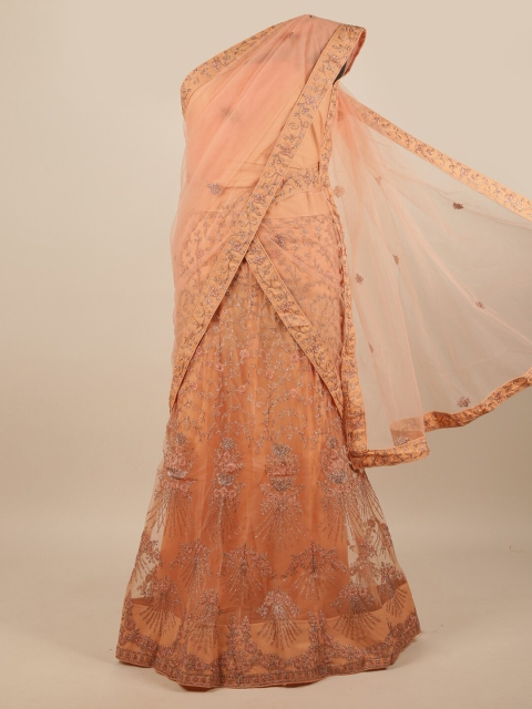 

Pothys Peach-Coloured Embroidered Unstitched Lehenga & Blouse With Dupatta