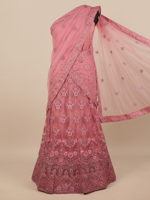 

Pothys Pink & Silver-Toned Embroidered Zardozi Unstitched Lehenga & Blouse With Dupatta