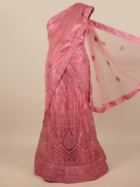 

Pothys Pink Embroidered Unstitched Lehenga & Blouse With Net Dupatta