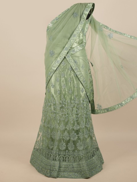 

Pothys Green & Silver-Coloured Embroidered Unstitched Lehenga & Blouse With Dupatta