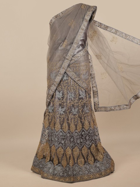 

Pothys Grey & Gold-Toned Embroidered Unstitched Lehenga & Blouse With Dupatta