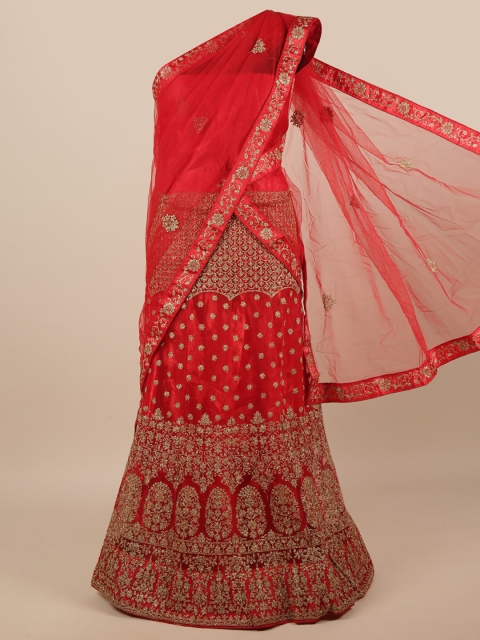 

Pothys Red & Gold-Toned Embroidered Zardozi Unstitched Lehenga & Blouse With Dupatta