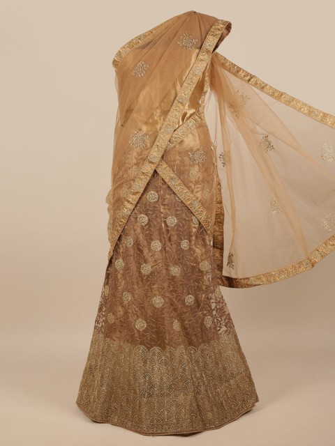 

Pothys Brown & Gold-Toned Embroidered Unstitched Lehenga & Blouse With Dupatta