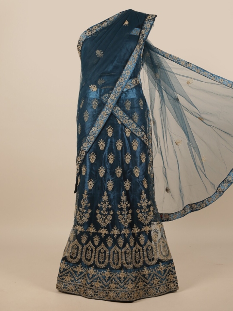 

Pothys Blue & Gold-Toned Embroidered Zardozi Unstitched Lehenga & Blouse With Dupatta