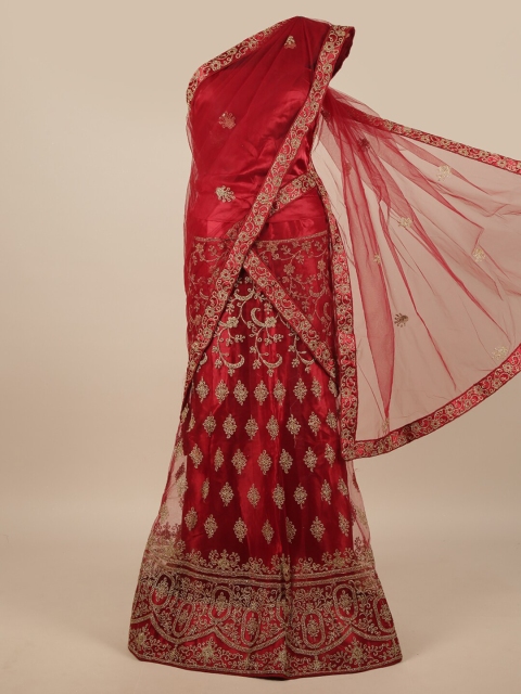 

Pothys Red & Gold-Toned Embroidered Beads and Stones Unstitched Lehenga & Blouse With Dupatta