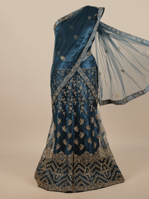 

Pothys Blue & Gold-Toned Embroidered Unstitched Lehenga & Blouse With Dupatta