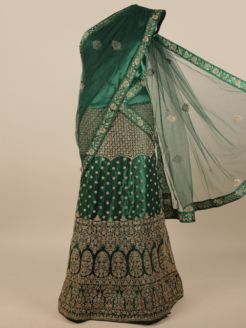 

Pothys Green & Gold-Toned Embroidered Thread Work Unstitched Lehenga & Blouse With Dupatta