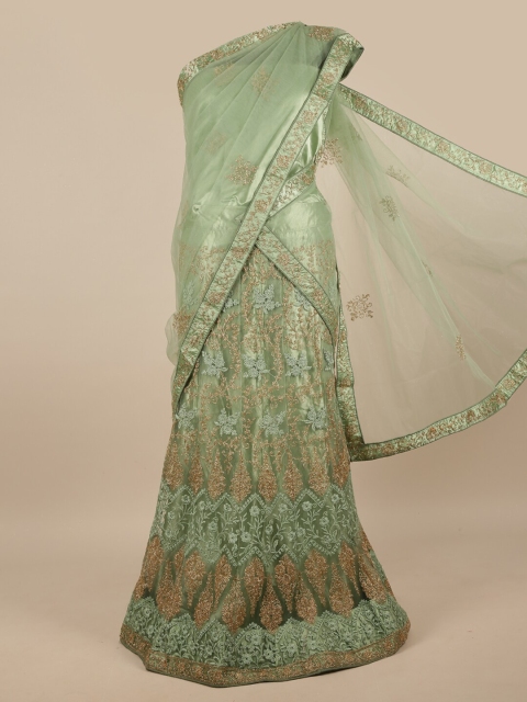 

Pothys Green & Gold-Coloured Embroidered Unstitched Lehenga & Blouse With Dupatta