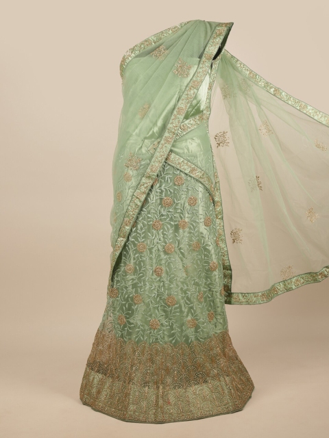 

Pothys Green & Gold-Toned Embroidered Thread Work Unstitched Lehenga & Blouse With Dupatta