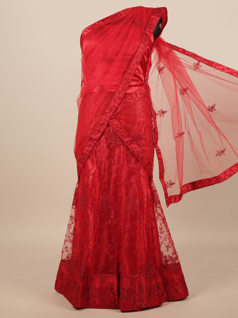 

Pothys Red Embroidered Zardozi Unstitched Lehenga & Blouse With Dupatta