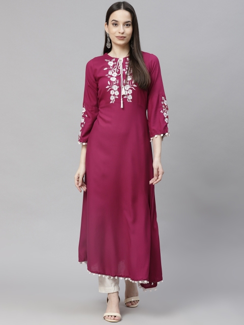 

Aasiya Women Maroon Embroidred Rayon A-Line Kurta