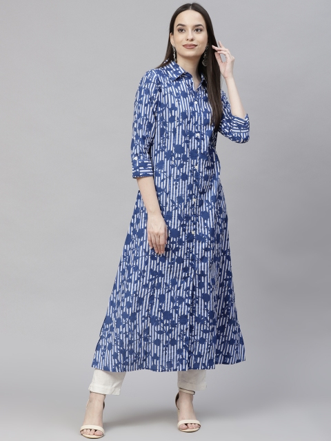 

Aasiya Women Blue Floral Printed Cotton A-Line Kurta