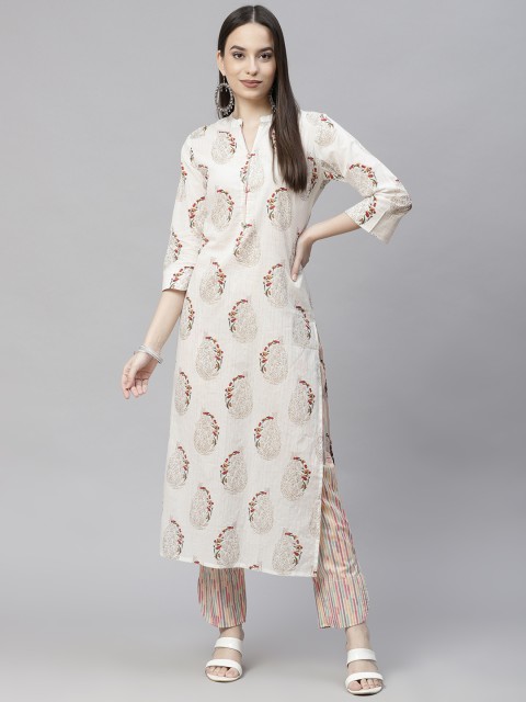 

Aasiya Women White Ethnic Motifs Printed Regular Pure Cotton Kurta with Trousers