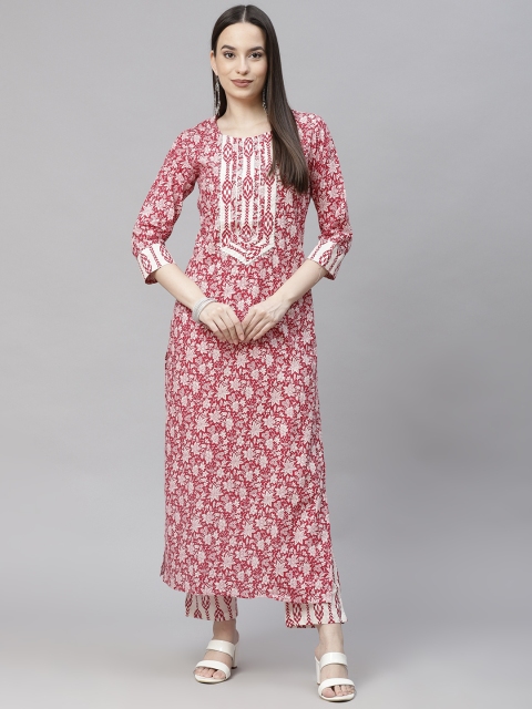 

Aasiya Women Pink Floral Printed Regular Pure Cotton Kurta with Trousers