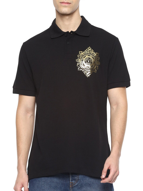 

Versace Jeans Couture Men Black & Gold-Toned Brand Logo Printed Polo Collar Cotton T-shirt