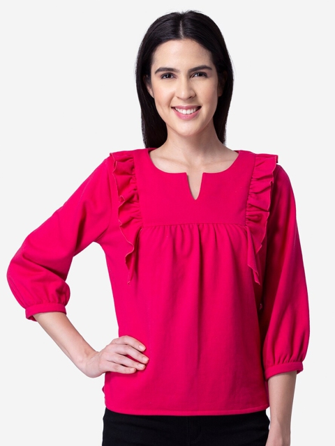 

Modriba Pink Solid Ruffles Woollen A-Line Top