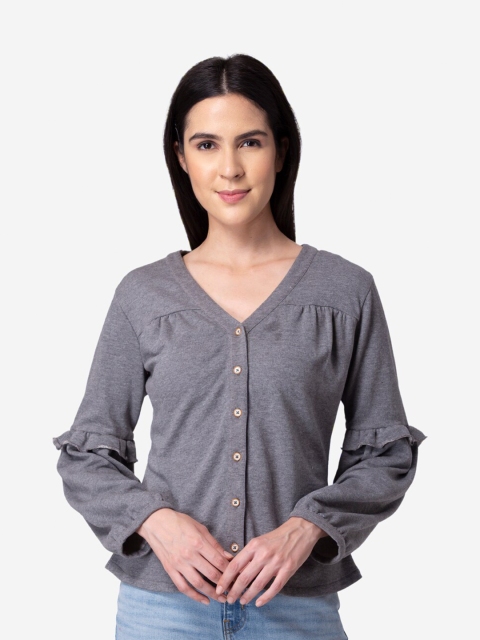 

Modriba Grey Shirt Style Pleated Woollen Top