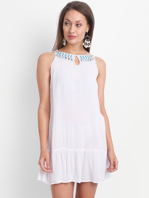 

LY2 Women Cream-Coloured & Blue Embroidered Keyhole Neck A-Line Dress