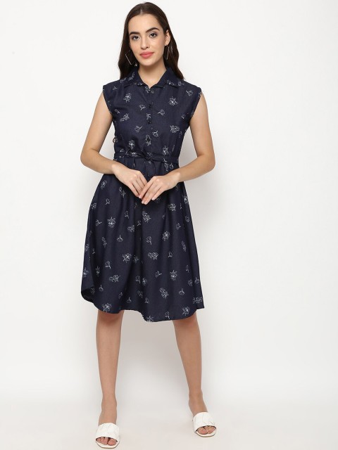 

V2 Value & Variety Women Blue & White Floral Printed Belted Cotton Shirt Dress