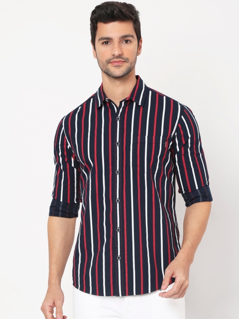 

Mufti Men Navy Blue & White Slim Fit Opaque Striped Pure Cotton Casual Shirt
