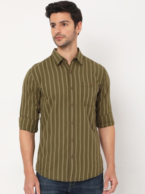 

Mufti Men Olive Green Slim Fit Opaque Striped Casual Shirt