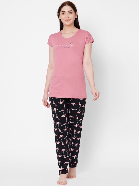 

ZOLA Women Pink & Black Printed Pure Cotton Night suit