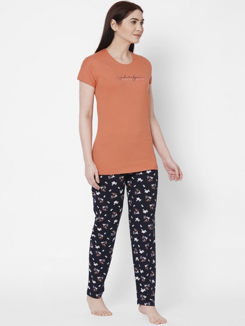 

ZOLA Women Rust & Navy Blue Printed Pure Cotton Night suit