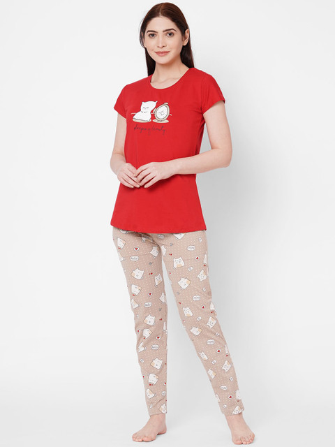 

ZOLA Women Red & Pink Sleeping Beauty Printed Pure Cotton Night suit